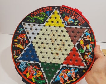Vintage Chinese Checkers and Checkers Pixie Game by Steven 2 in 1 Metal Lithograph Tin Marbles Checkers