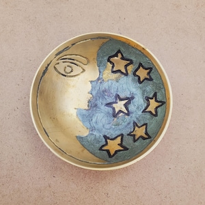 Vintage Celestial Brass Dish Moon Stars Celestial - Vintage Brass bowl - brass round bowl - minature brass round bowl