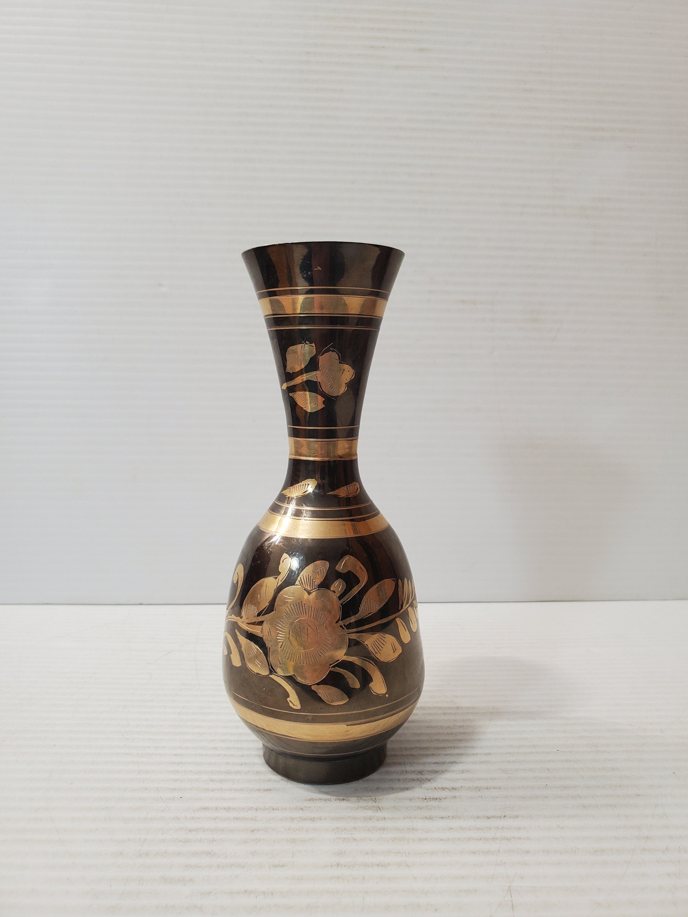 Vintage Etched Brass Vase With Flowers Design Etsy