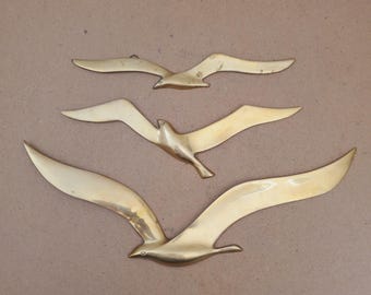 Conjunto de 3 pássaros/gaivotas em latão vintage | Gaivotas planando | Design aerodinâmico | Década de 1960 | Modernismo de meados do século