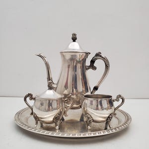 Silver Tea Set 4pc - Silverplate Tray Footed Tea/Coffee Pots ,Antique Vintage Silver Teapot 1940s  Silver, Bed Breakfast , Victorian Wedding
