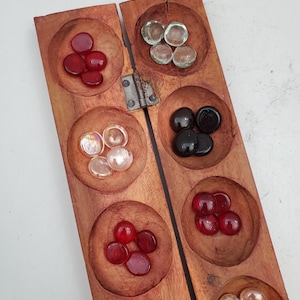 Vintage Wooden Mancala with Pebbles, Hand Carved Hardwood Strategy Game, Traditional Sungka, Board Game, Adults and Kids Table Game Gift.