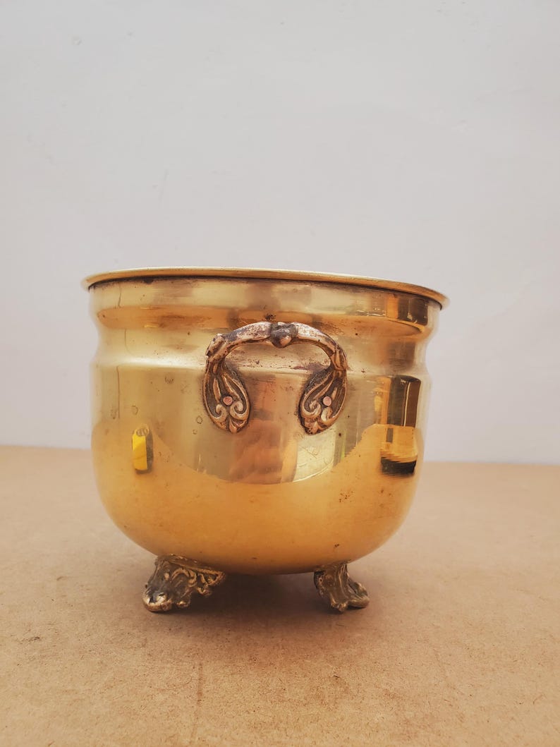 May include: A gold-coloured metal planter with ornate handles and decorative feet. The planter has a rounded body and a wide opening. The handles feature a detailed, scroll-like design. The feet are also intricately designed.