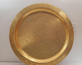 Vintage handmade brass tray for table, large tea tray, Brass handmade tray , tea tray Bohemian brass tray 1960s Brass Etched
