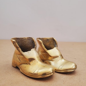 Vintage Brass Boot Desk Container/Paperweight, Heavy Brass Laced Boot Planter/Trinket Holder. set of tow - pair of shoe