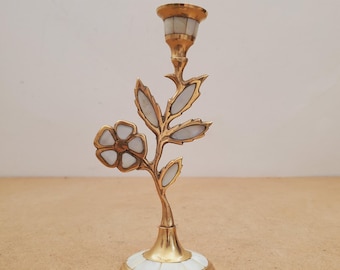 Vintage Mother of Pearl Brass Candle Holder , brass with Mother of Pearl,  Candleholder, Alter, Witchcraft, Decor Candlestick