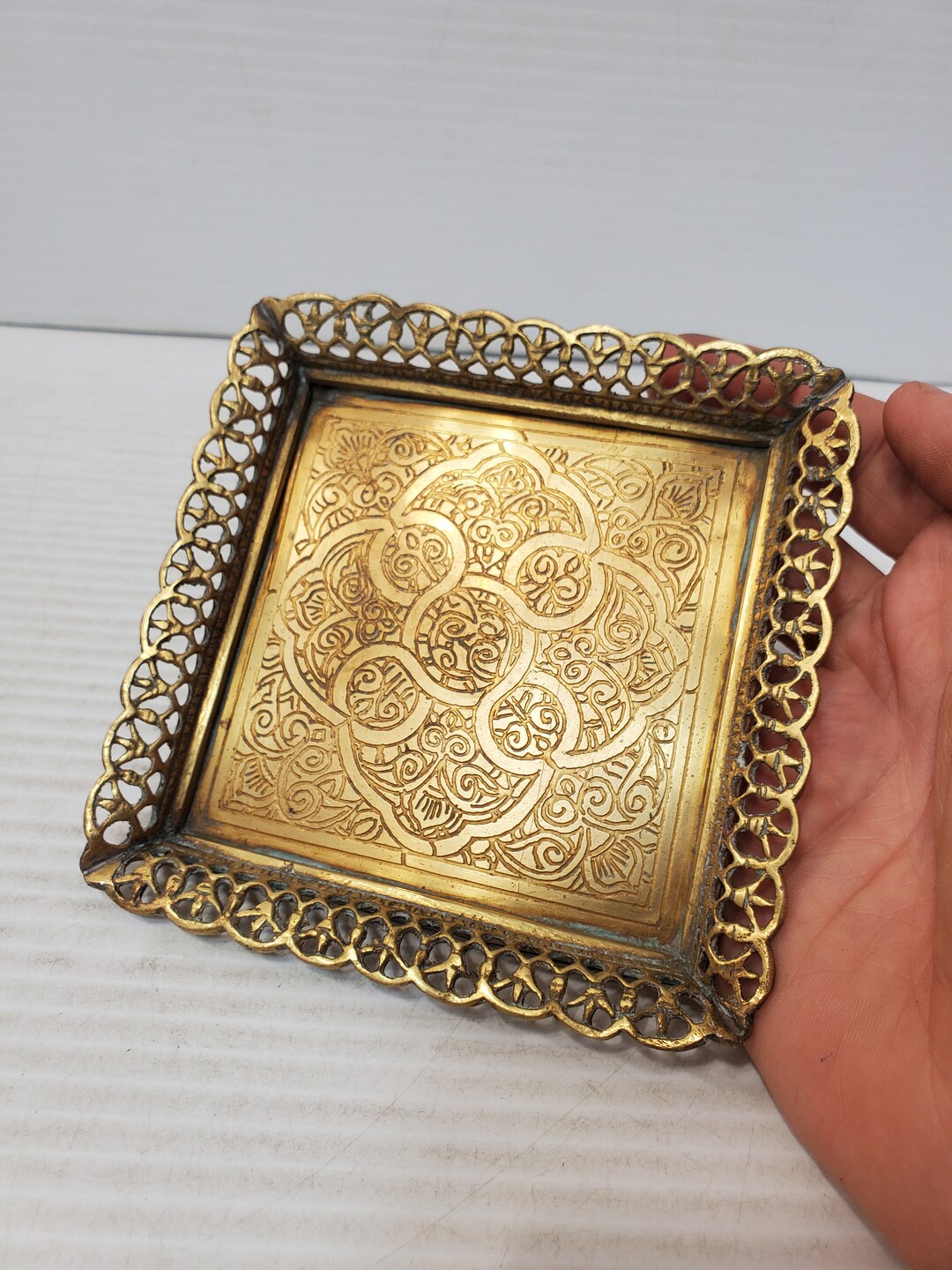 Vintage Brass Platesmall Brass Plate Carved Trincket Plate Etsy