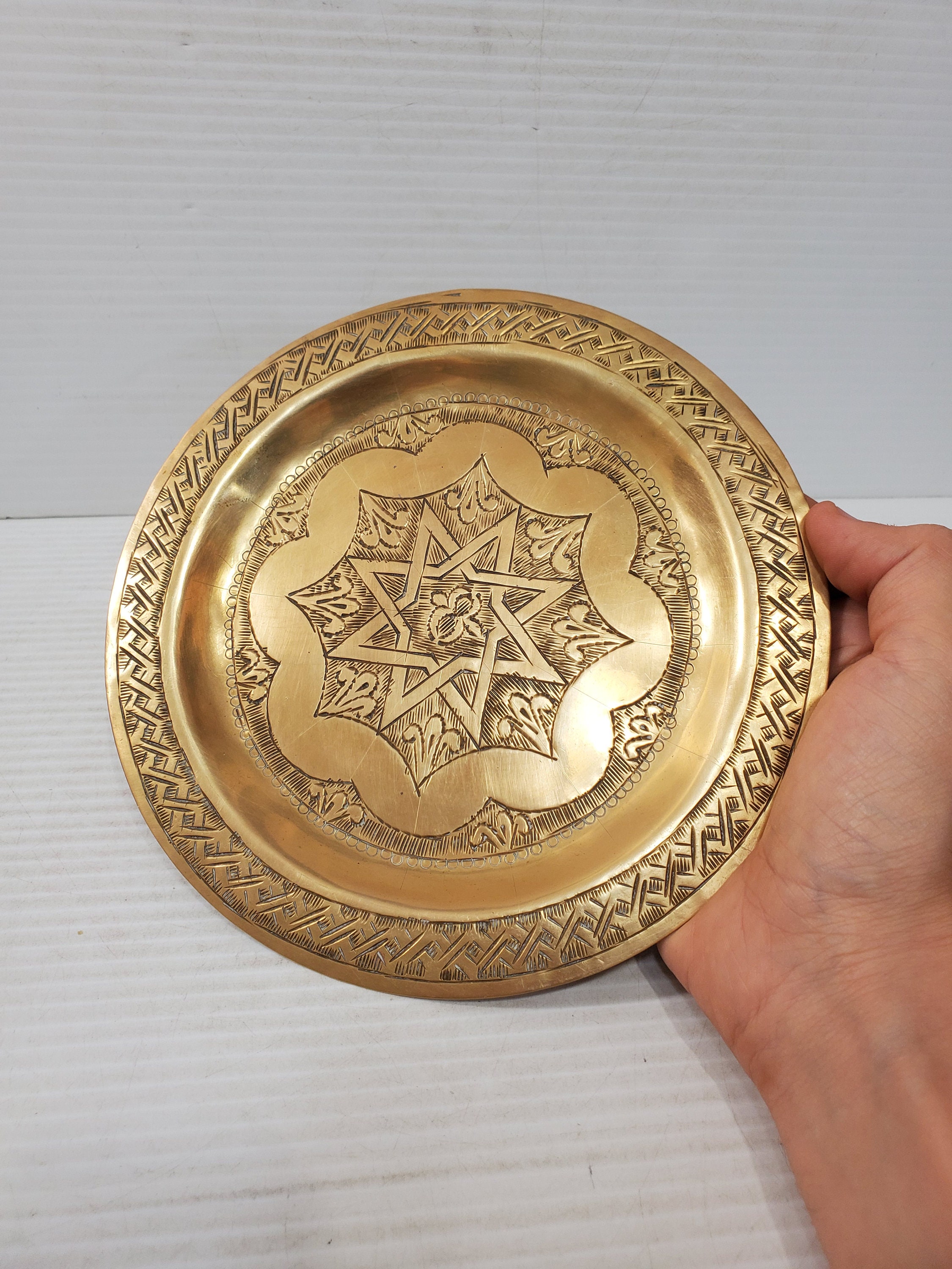 Vintage Brass Plate,small Brass Plate, Carved Trincket Plate