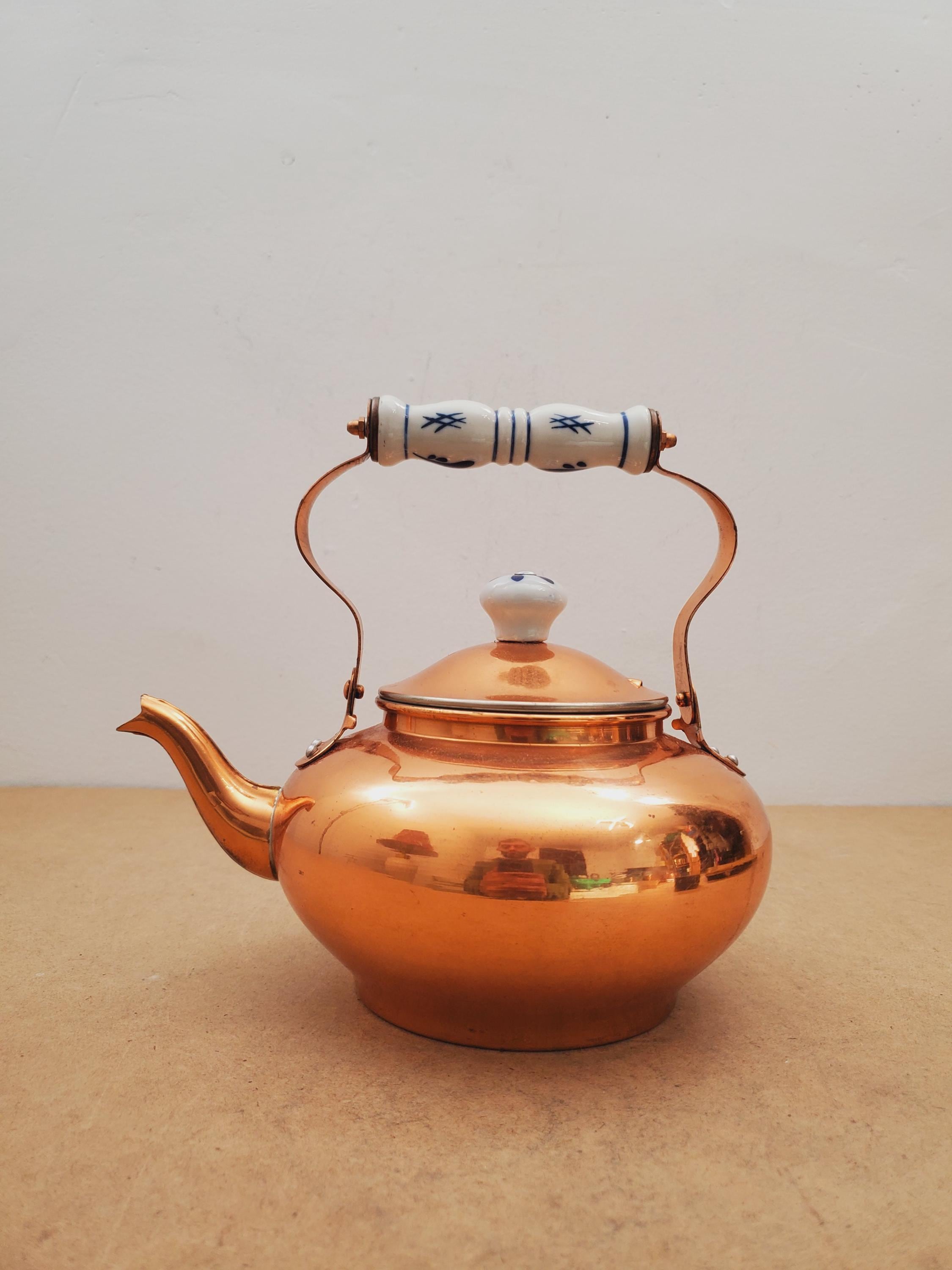 Vintage Copper Teapot With Ceramic Handle, Antique Copper Kettle