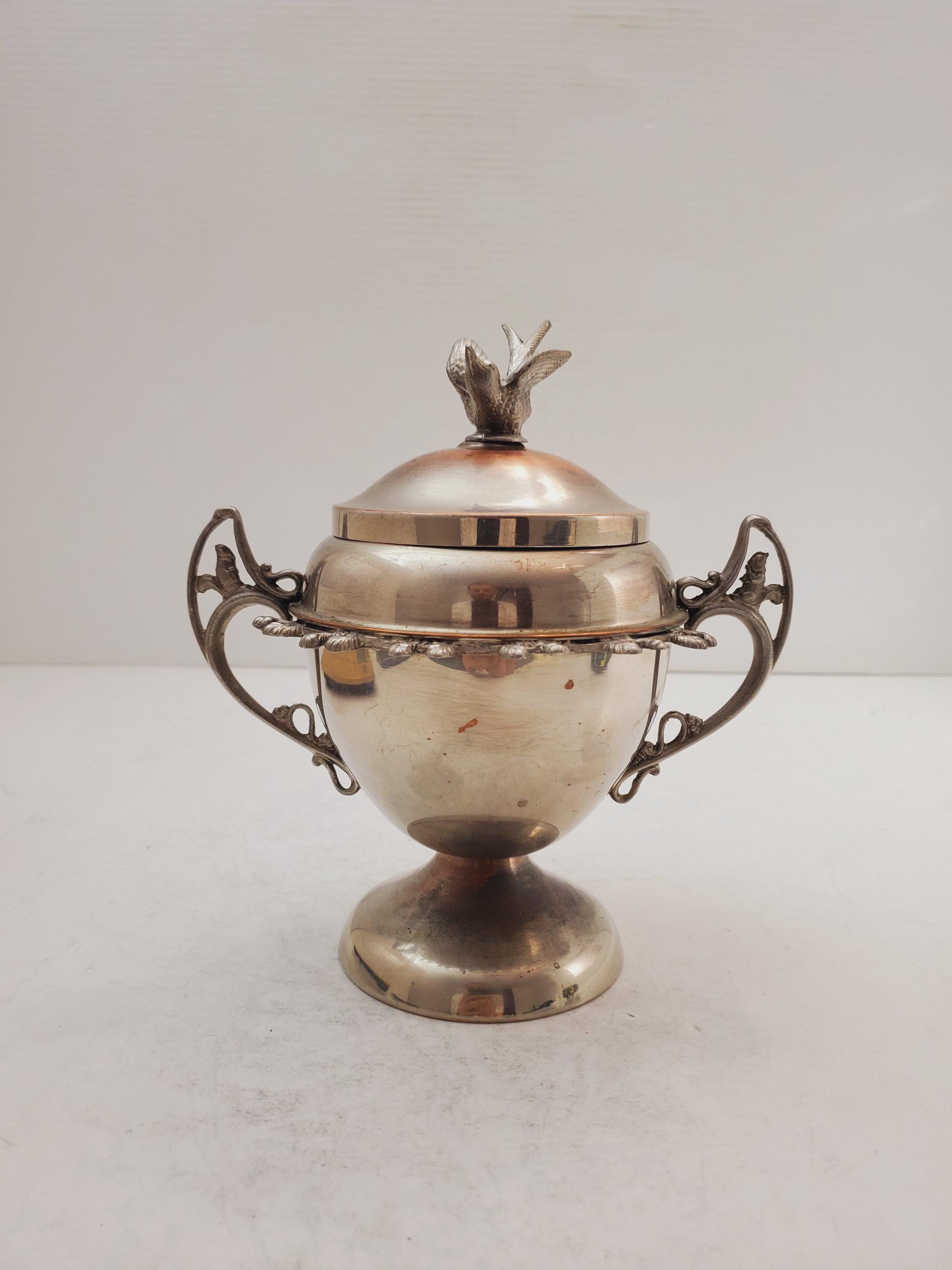 Vintage Silver Plated Sugar Bowl , Lid Bird and Handles, - Antique