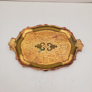 Vintage 14&quot; Florentine Wood green and Gold Gilded Made in Italy Tray