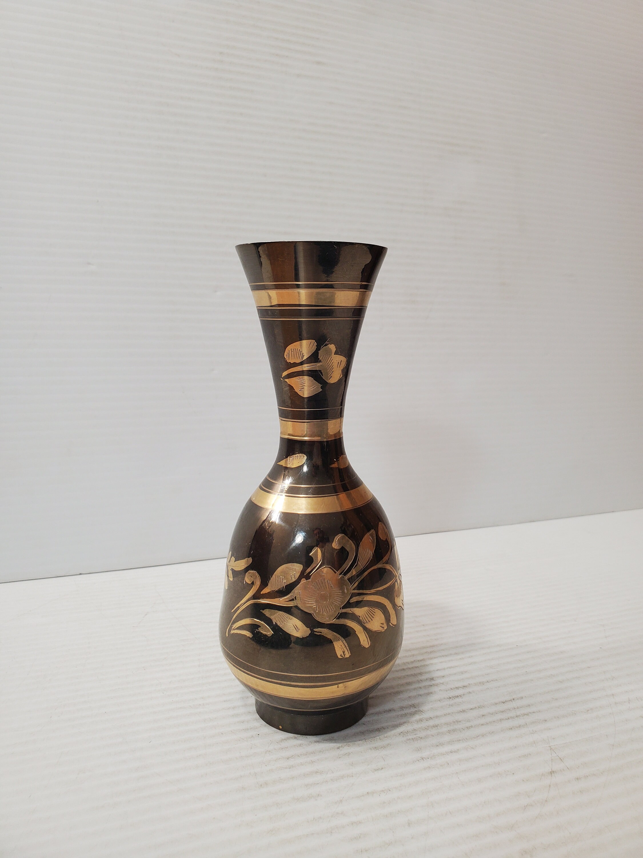 Vintage Etched Brass Vase With Flowers Design Etsy
