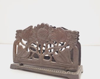 Art Nouveau Sunflower Brass Letter Rack, Vintage Brass Letter Holder, Metal Letter Rack, Letter Stand, Napkin Holder, Brass Serviette Rack