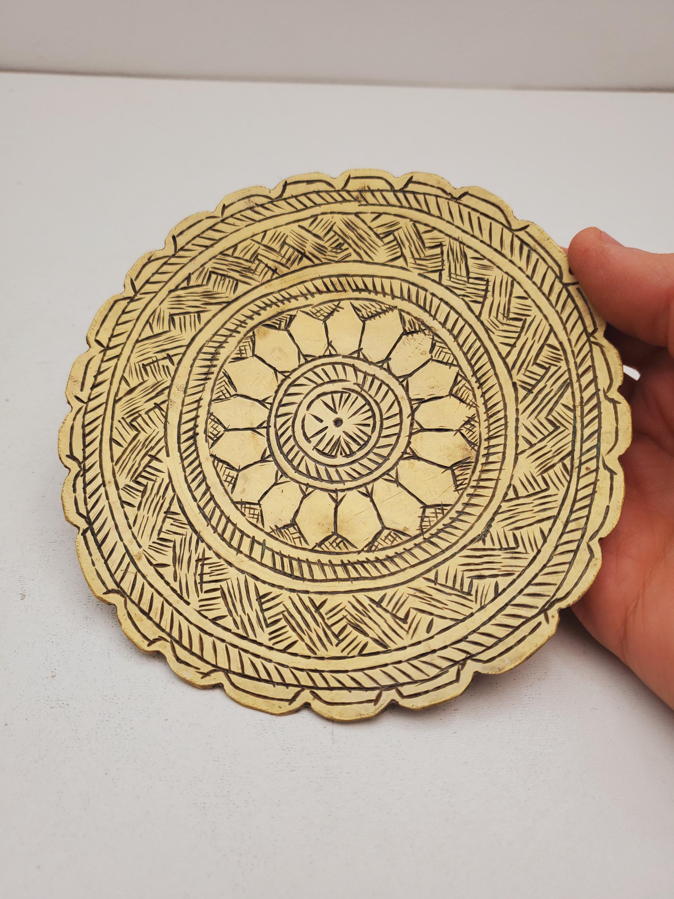 Vintage Brass Plate,small Brass Plate, Carved Trincket Plate