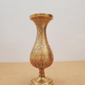 Vintage Etched Flower Pattern Brass Vase - Aged Vintage Patina - Made in India - Vintage Hand-Etched Brass Vase, Floral Brass Vase