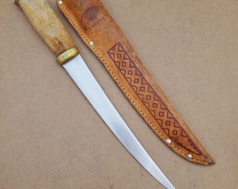 Vintage Rapala fish and fillet boning hunting knife with tooled leather sheath antique Swedish steel blade handmade in Finland by J.Marttini