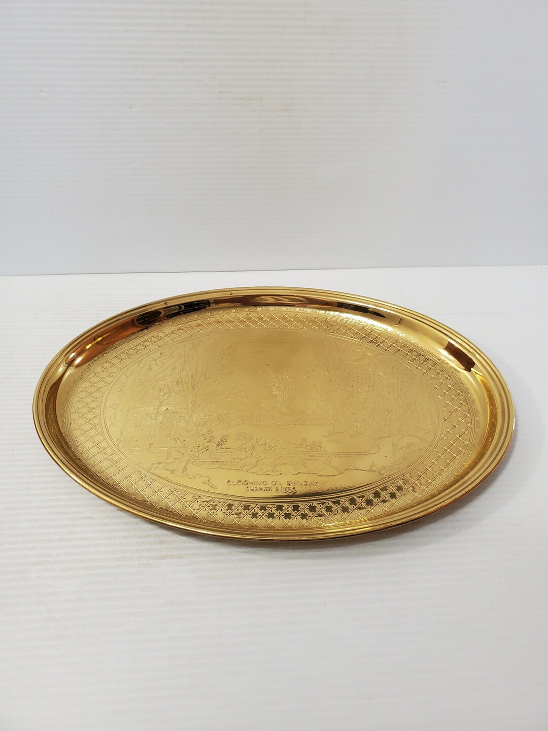 Vintage Brass Oval Tray, Engraved Scene, Solid Brass, Catchall Tray