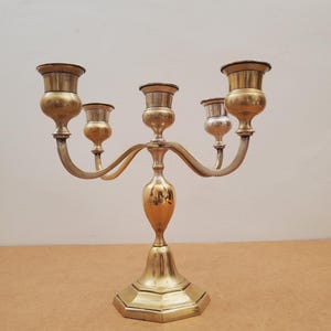 Vintage Brass 5 Branch Candelabra Curvy Design Table Centerpiece Brass Decor Holds 5 Taper Candles Boho, Cottage, and Farmhouse Candelabra