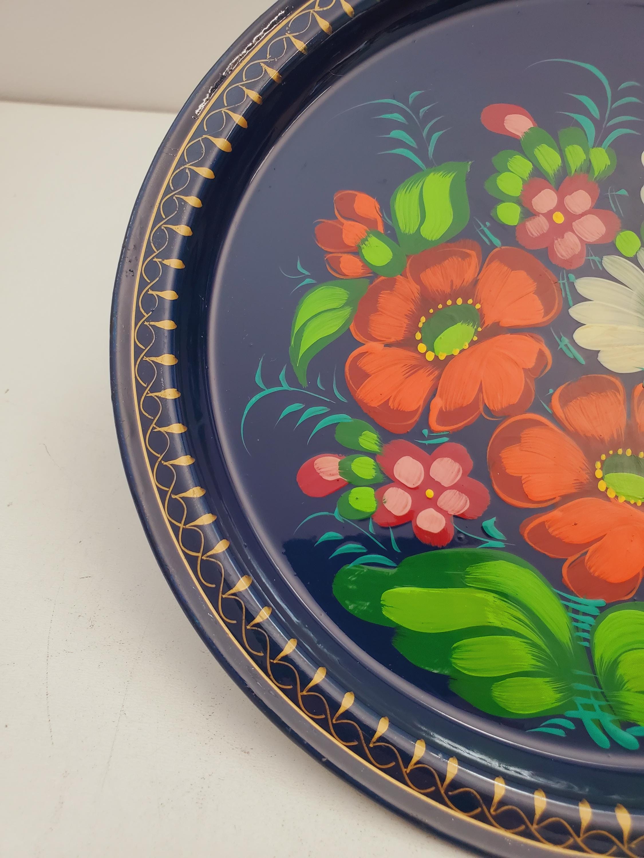 Tray Floralvintage | Flower Blue Enamel Toleware Plate | Russian