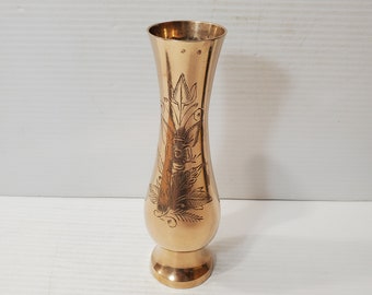 Vintage Etched Flower Pattern Brass Vase - Aged Vintage Patina - Made in India - Vintage etched brass vase with flowers design