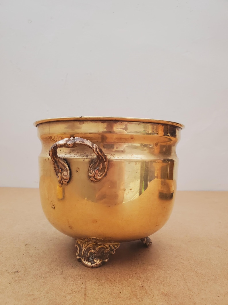 May include: A polished brass planter, golden in colour, with decorative handles and feet. The round pot has a wide opening and a curved body. The planter is designed for plants, adding elegance to a room. The planter's dimensions are approximately 20 cm in diameter.
