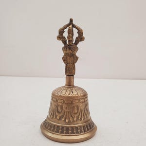 Tibetan Bell  | Made in Nepal | Highest Quality | 5.5&quot; Vintage Brass Bell with Ornate Handle Woman&#39;s Face - Prajanparamita Face