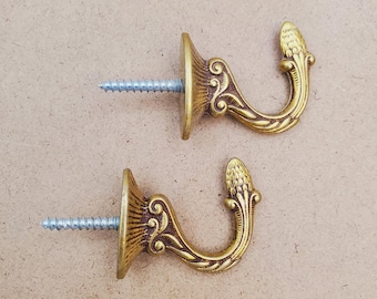 Par de 2 ganchos vintage de latão maciço dourado ou ganchos para amarrar cortinas na parede, decoração para casa, presente, suporte para cabide dourado de luxo pequeno