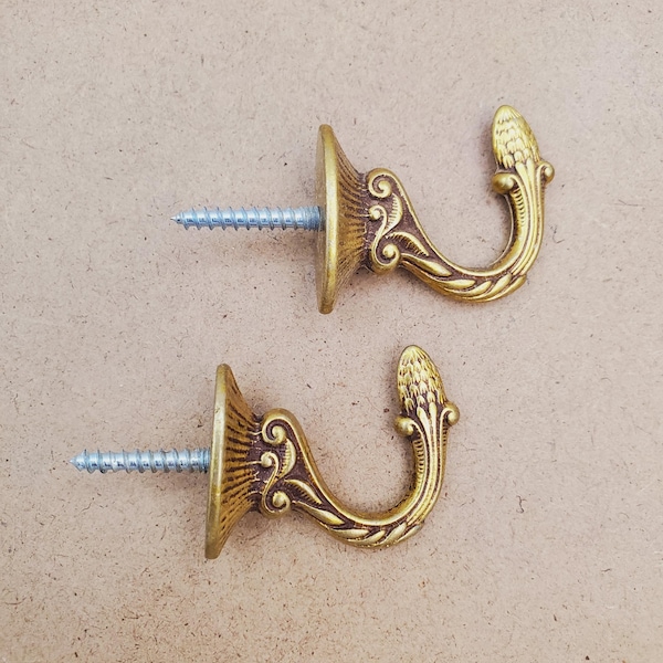 Pair of 2 Vintage Gold solid brass Hook Or Curtain Tie Back Wall Mounted Hook Home Decor Gift Tieback Coat Hanger Holder Golden Luxury small