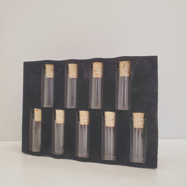 9 Vintage Glass Bottles with Cork Stoppers - Antique Vials or Flasks - glass tubes and cork stoppers