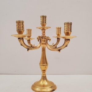 Vintage Art Deco Style Brass Candelabra with Five Candle Holders, Enhanced by Art Nouveau Bronze Accents, Church Candlestick with Four Arms