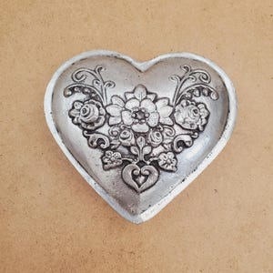 Beautiful Vintage Pewter Trinket Box Heart Shaped lidded Floral small Jewelry box Stamped Made in Germany Girlfriend Valentines day Gift