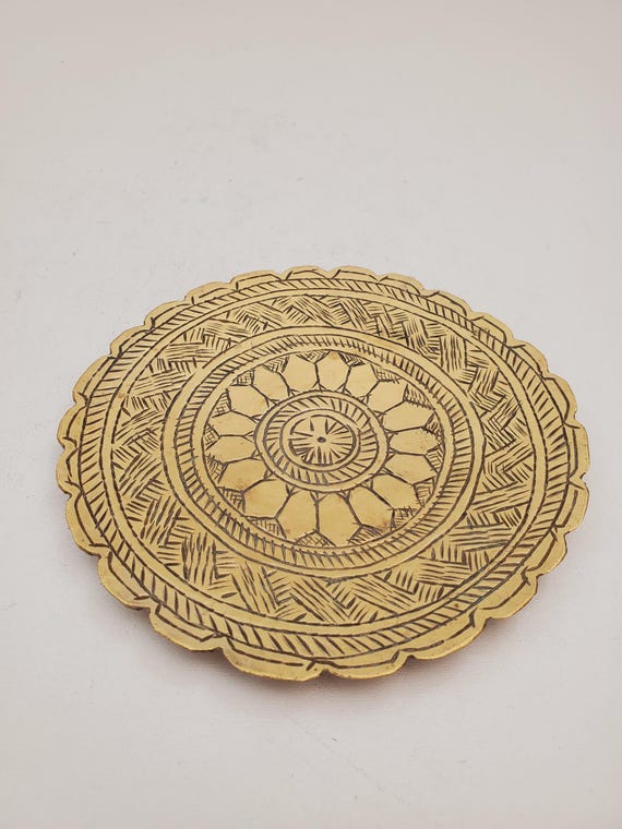 Vintage Brass Plate,small Brass Plate, Carved Trincket Plate
