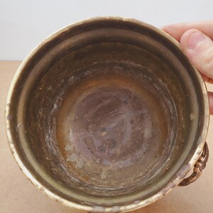 solid brass flowerpot, solid brass flowerpot cache. Vintage brass planter pot with (3) soleplates and (2) handles shiny aged patina. image 9