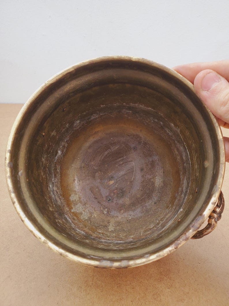 solid brass flowerpot, solid brass flowerpot cache. Vintage brass planter pot with (3) soleplates and (2) handles shiny aged patina. image 9