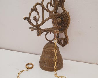 Antique bronze monastery bell doorbell with angel 1940s Vocem meam audit Qui metangit antique doorbell with chain | antique monastery bell