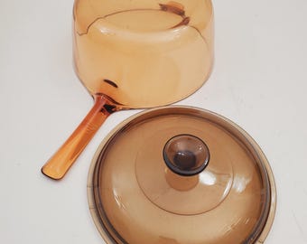 Vintage Corning Visions Visionware Amber Brown Glass 2.5 Litre Dutch Oven Stock Pot Made in the USA - Sauce Pan with Lid