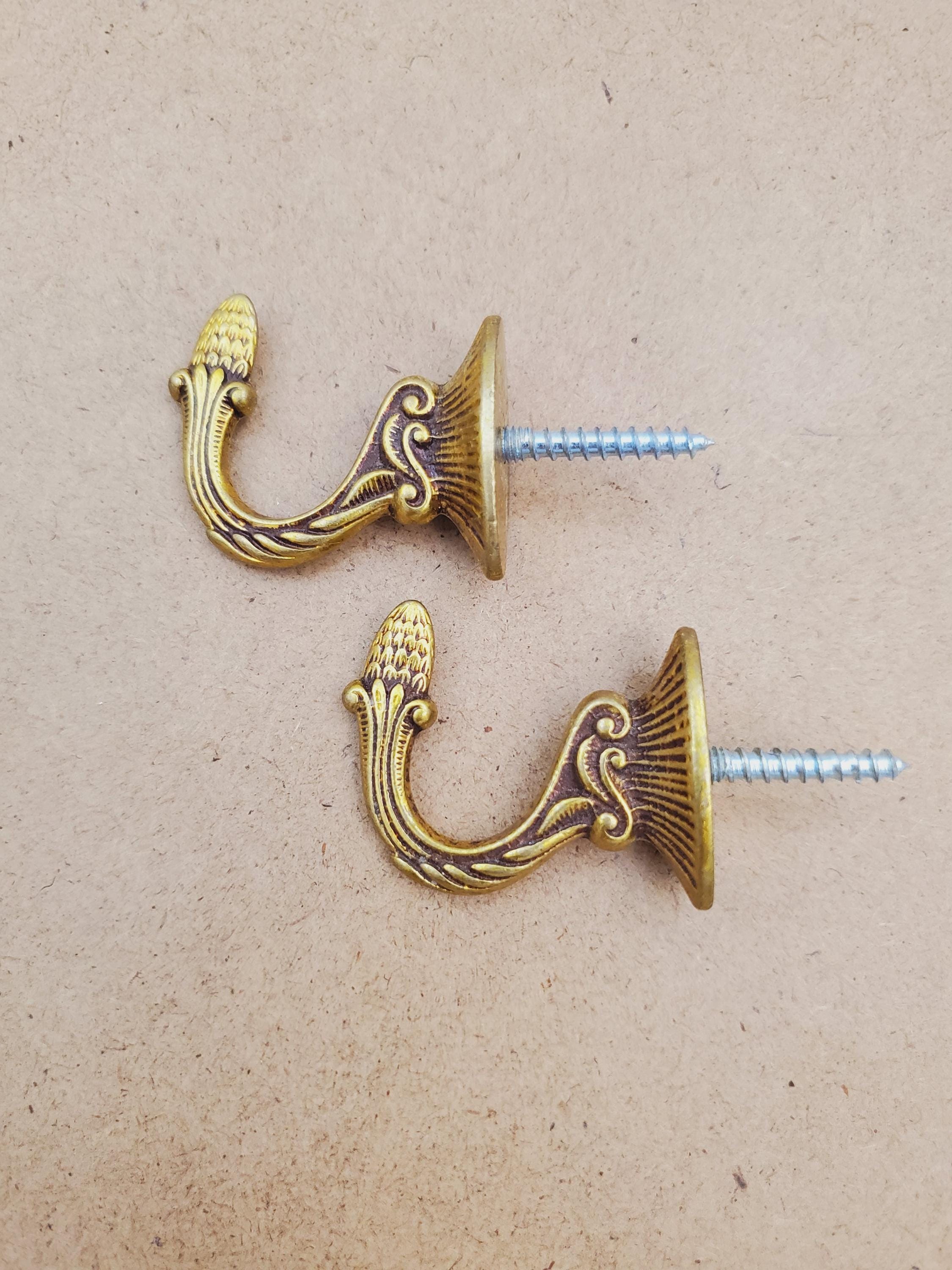 Pair of 2 Vintage Gold Solid Brass Hook or Curtain Tie Back Wall
