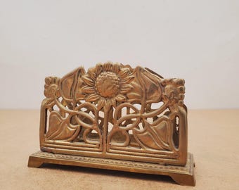 Vintage brass napkin or letter holder, mid century 50s metal brass sunflower letter napkin holder, home table or office desk decor, gift