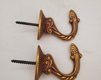 Par de 2 ganchos vintage de latão maciço dourado ou ganchos para amarrar cortinas, suporte de parede para decoração de casa, presente, cabide dourado de luxo