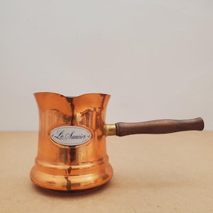 Vintage Copper Pouring Pot-Le Saucier Enamel Label-Vintage Copper Decor-Wooden Handle-Cottage Decor-Country Style Decor-Kitchen Decor