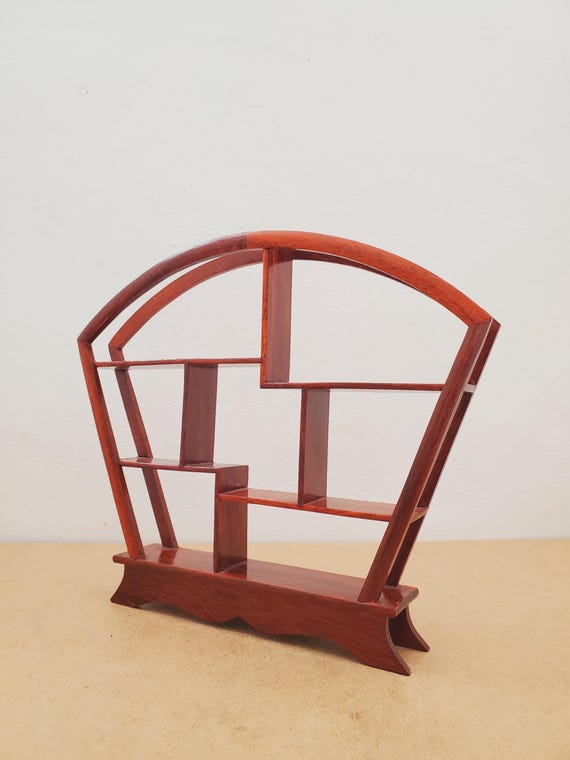 Asian Arched Top Fan Shaped Wooden Tabletop Curio Display Details