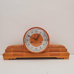 Vintage Style Large Wood Mantle Clock, 555 , 15 Day - 1940s - 19&quot; W. 9.4 &quot; H, 5.4&quot; ,mechanical  - art deco