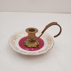Antique Brass and Hand Painted Porcelain Chamberstick | Vintage Ornate Candle Holder with Handle | Japan Candlestick Gold Metal Finger ring