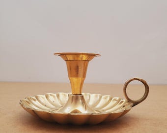Vintage Brass Candle Holder - Brass Candlestick Holder - Brass Chamberstick - Candle Holder with Finger Hole - Vintage Taper Candlestick