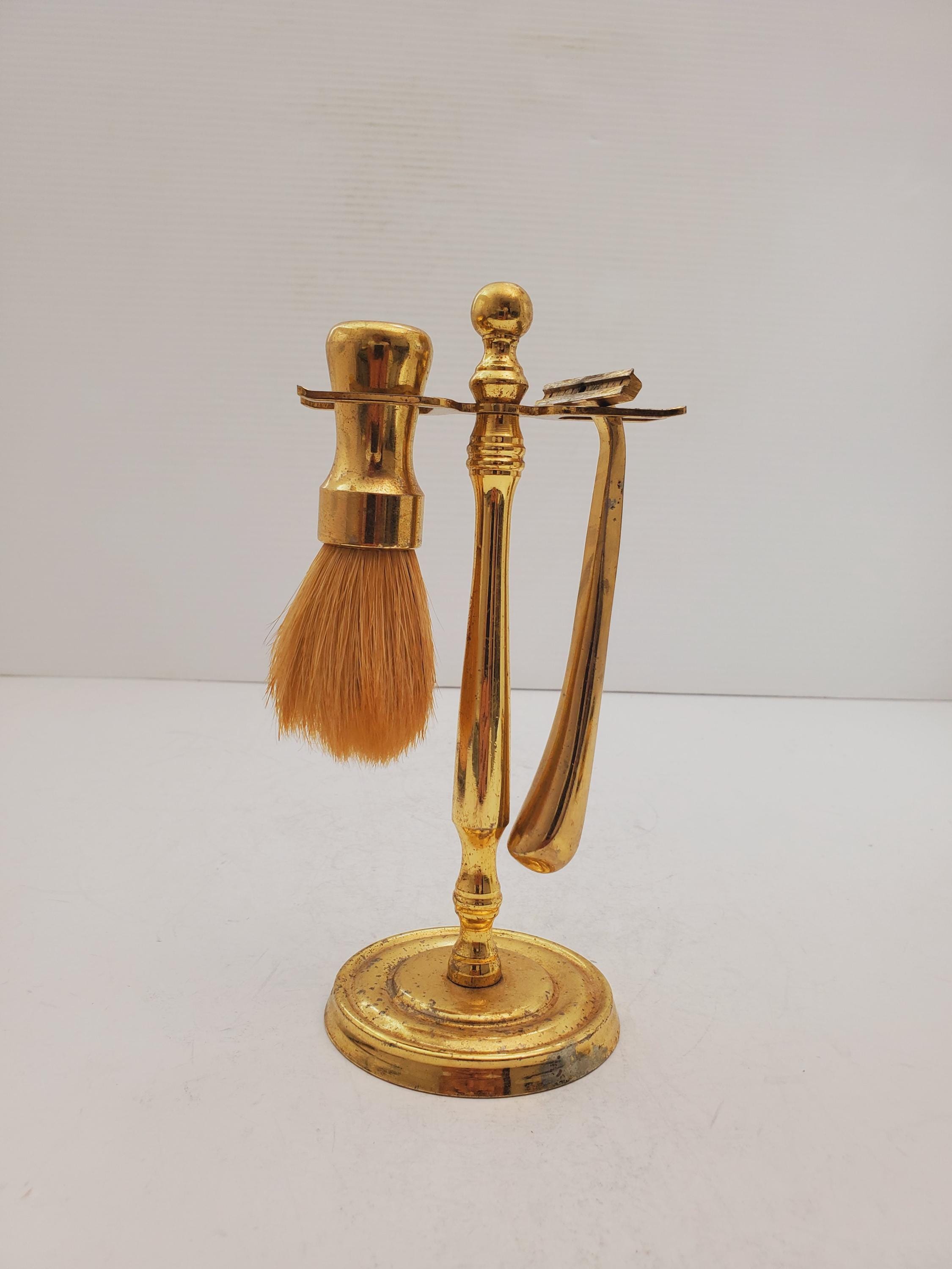 Vintage Brass Shaving Kit With Beard Brush, Razor and Stand