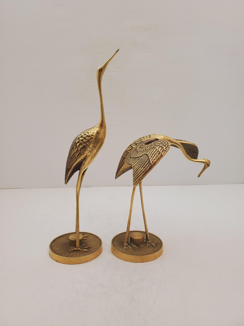 Large Pair Vintage Brass Crane Figurines Mid Century Bird Decor Heron