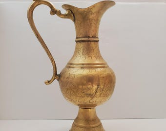 Extra Large Heavy Brass Pitcher with Decorative Handle | Tall Floor Vase with Pedestal Foot | Boho Eclectic Decor | Wedding Centrepiece