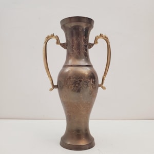 Vintage Etched Flower Pattern Brass Vase - Aged Vintage Patina - Made in India - Vintage Hand-Etched Brass Vase, Floral Brass Vase