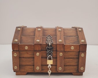 Vintage Pirate Small Treasure Wooden Chest Jewelry Box Hinged Lid Bronze Tacks Gothic Tray w/Red Velvet Lining Rustic Decor