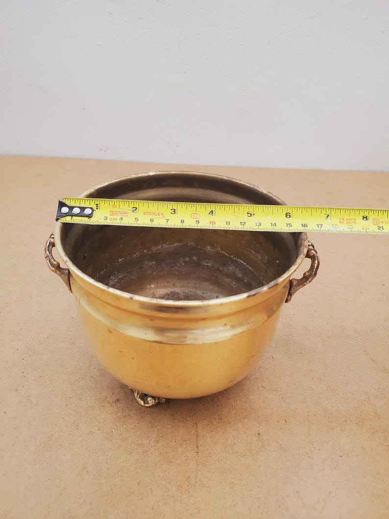 solid brass flowerpot, solid brass flowerpot cache. Vintage brass planter pot with (3) soleplates and (2) handles shiny aged patina. image 14